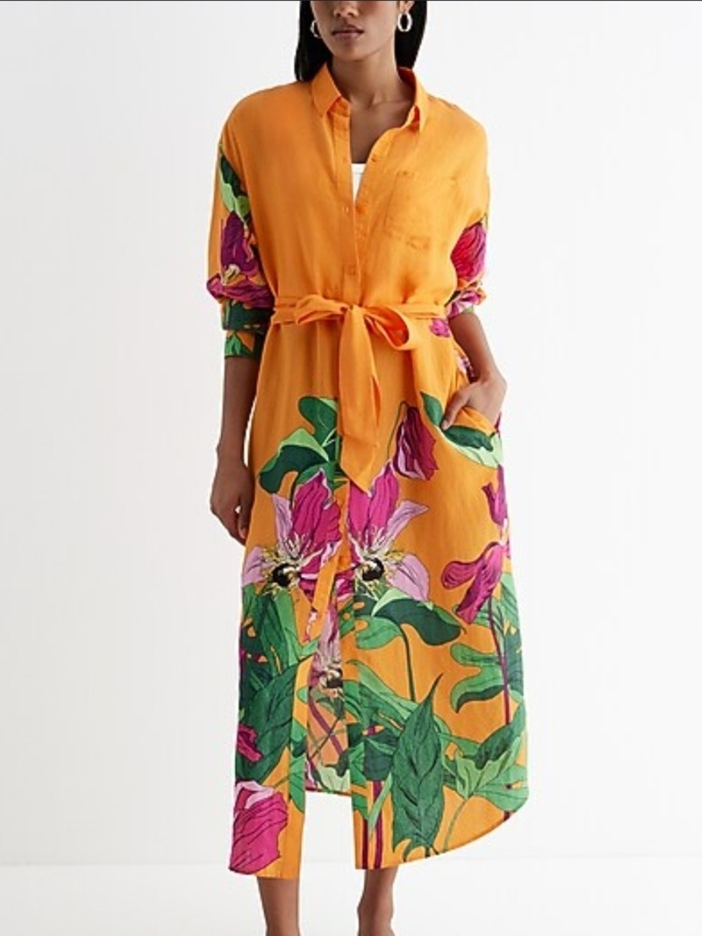 Express Orange Floral Tie-Waist Maxi Dress